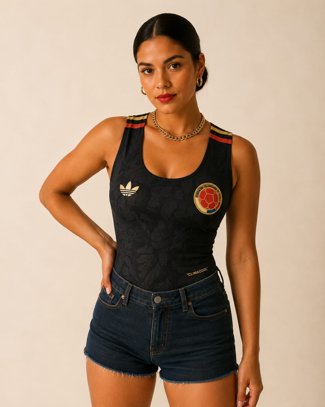 Oro Negro — bodysuit tricolor negro con detalles dorados, Edición Premium